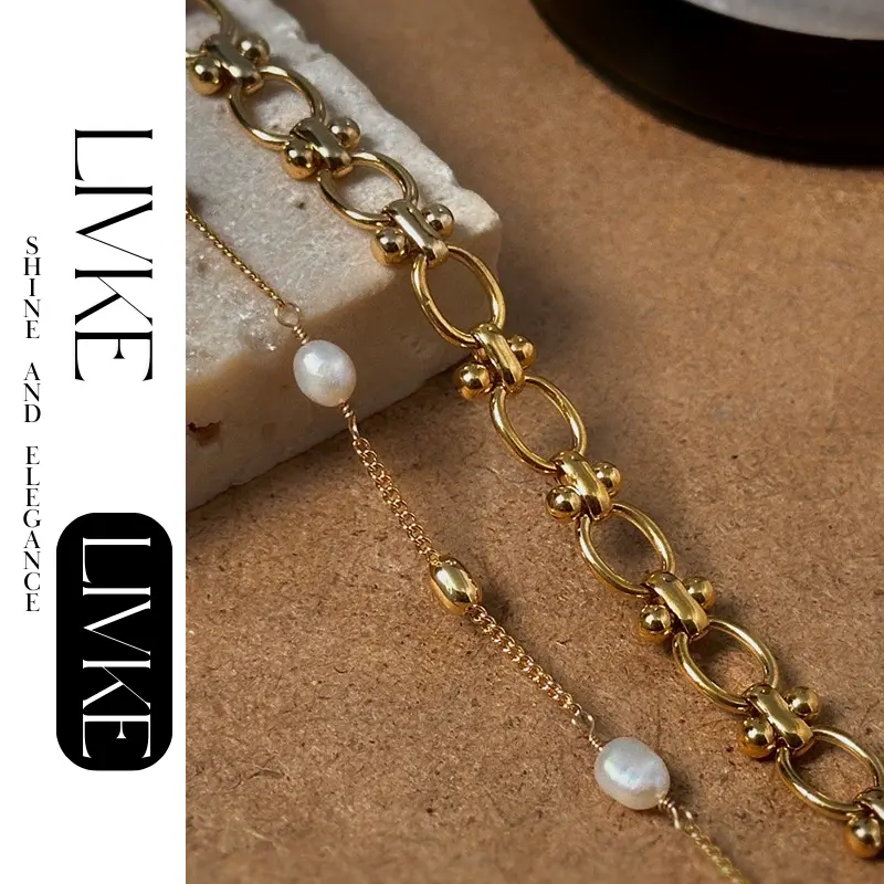 FY’s gold freshwater pearl bracelet styled three ways: wrist, layered, and ankle chain for versatile elegance.