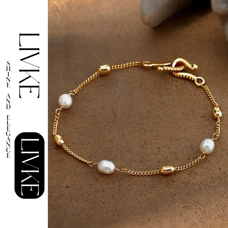 FY’s gold freshwater pearl bracelet styled three ways: wrist, layered, and ankle chain for versatile elegance.