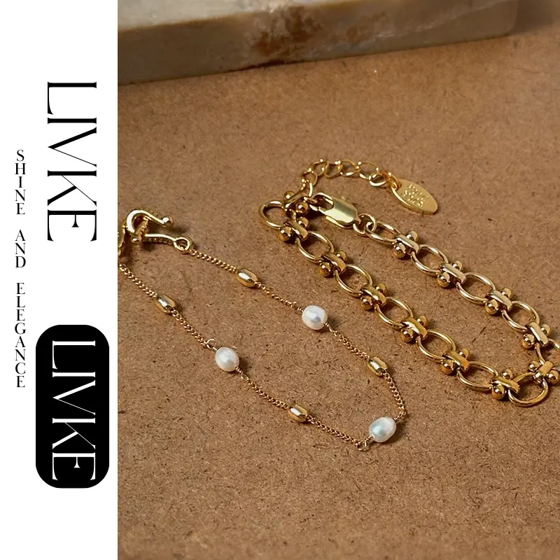 FY’s gold freshwater pearl bracelet styled three ways: wrist, layered, and ankle chain for versatile elegance.