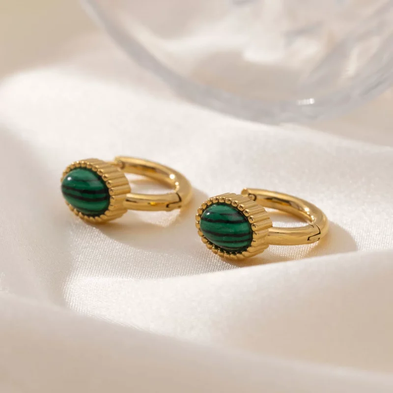 FY’s gold malachite stud earrings styled with a white linen shirt for minimalist office elegance.