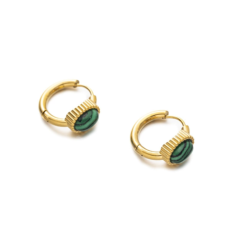 FY’s gold malachite stud earrings styled with a white linen shirt for minimalist office elegance.