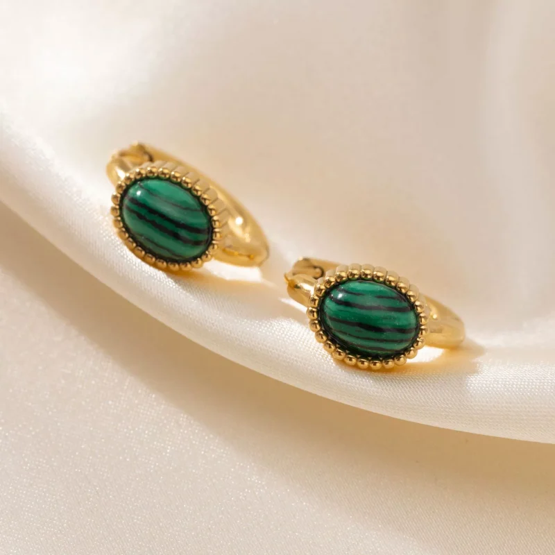 FY’s gold malachite stud earrings styled with a white linen shirt for minimalist office elegance.