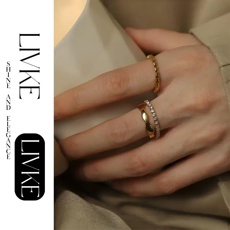 FY’s gold vintage chain ring with zirconia details, stacked with minimalist bands for office-ready elegance.