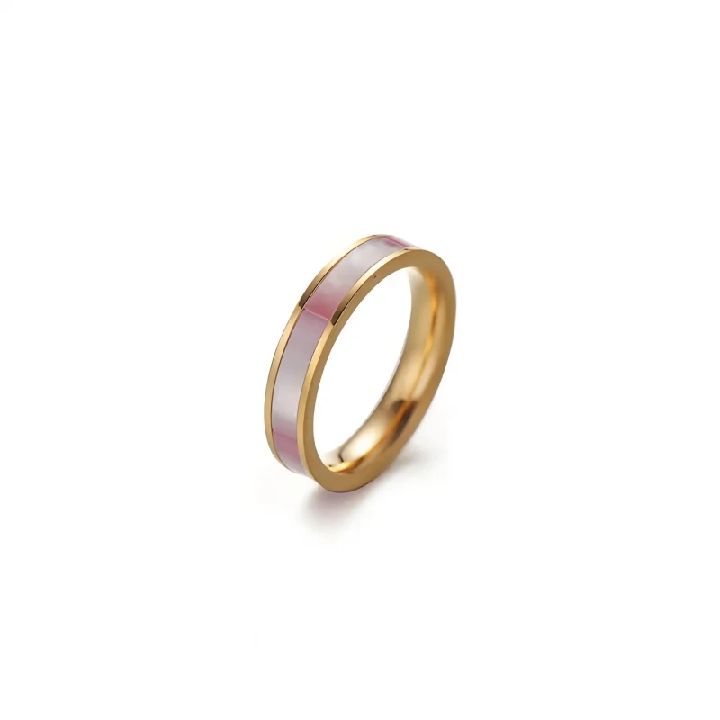 FY 18K gold-plated mother-of-pearl rings in three colors (white/pink/grey) stacked on finger with minimalist outfits